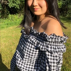 Off the shoulder, ruffled checkered print top